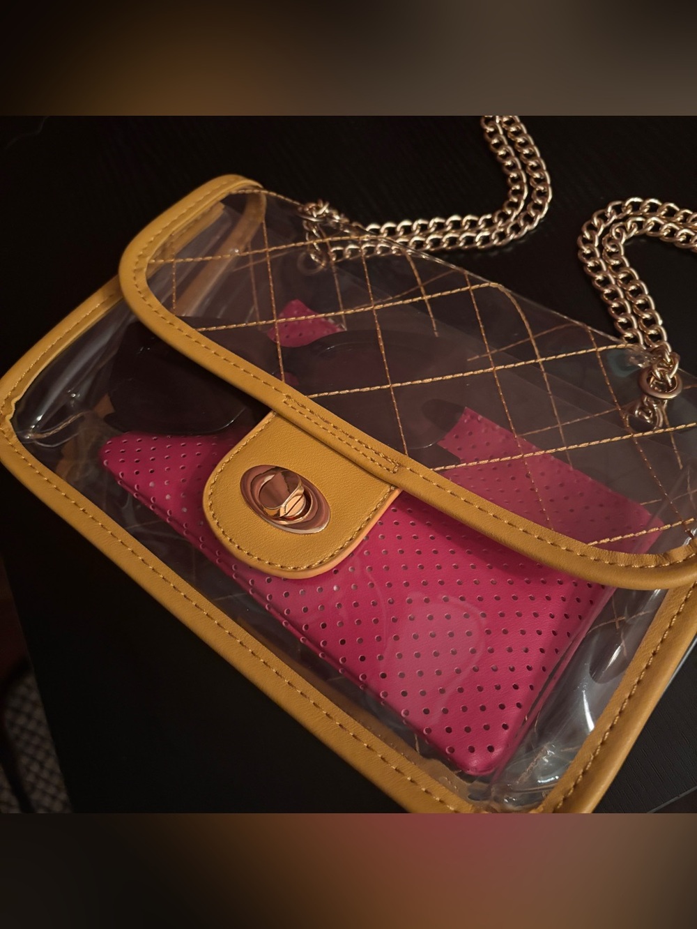 Clear Crossbody/Shoulder Bag with Mustard Trim + Hot Pink Ipsy Pouch / Insert